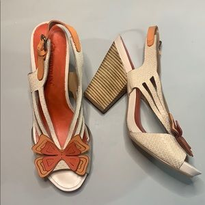 Tervolina wooden stacked heels. Orange/cream sz 39